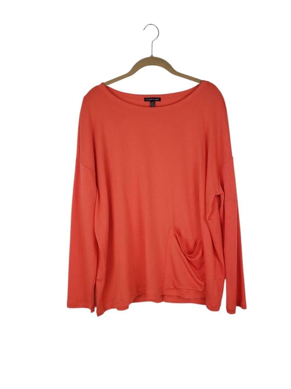 Eileen Fisher Tencel Stretch Terry Patch Pocket Long Sleeve Top Orange Womens S